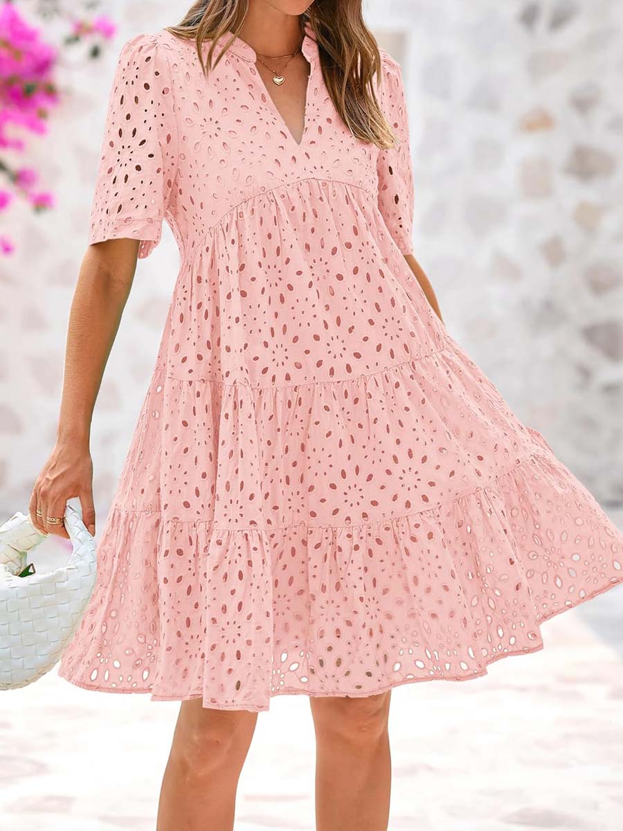 V-neck Hollow-out Embroidered Dress